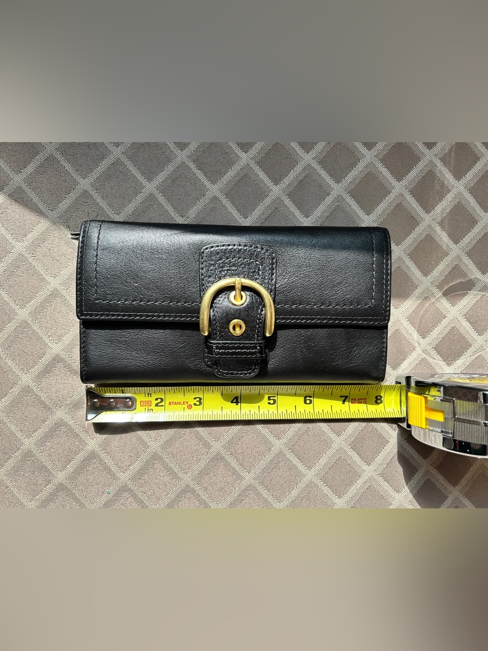 Coach Black Leather Soho Tri-fold Wallet with Gold Buckle Detail